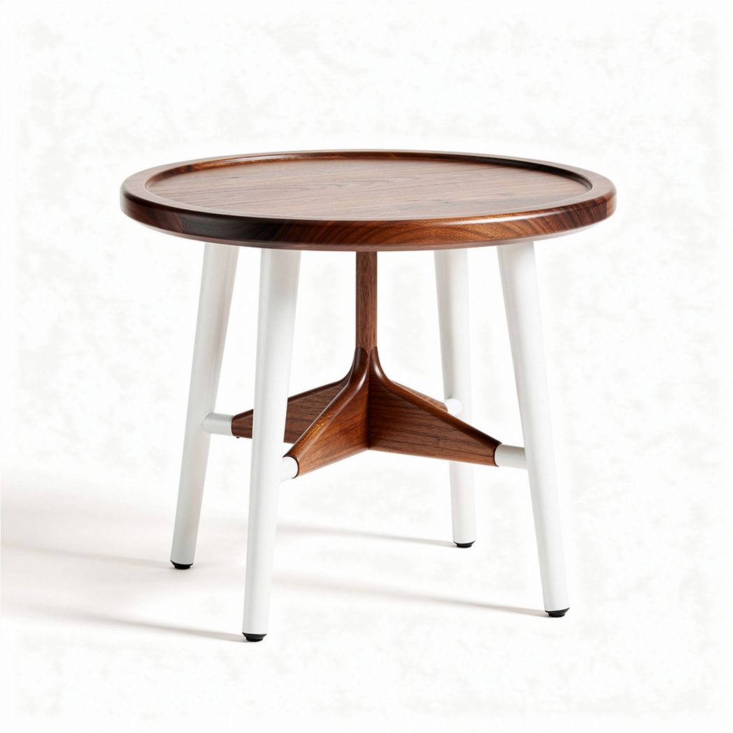Round wooden side table with white legs and a 60 cm diameter