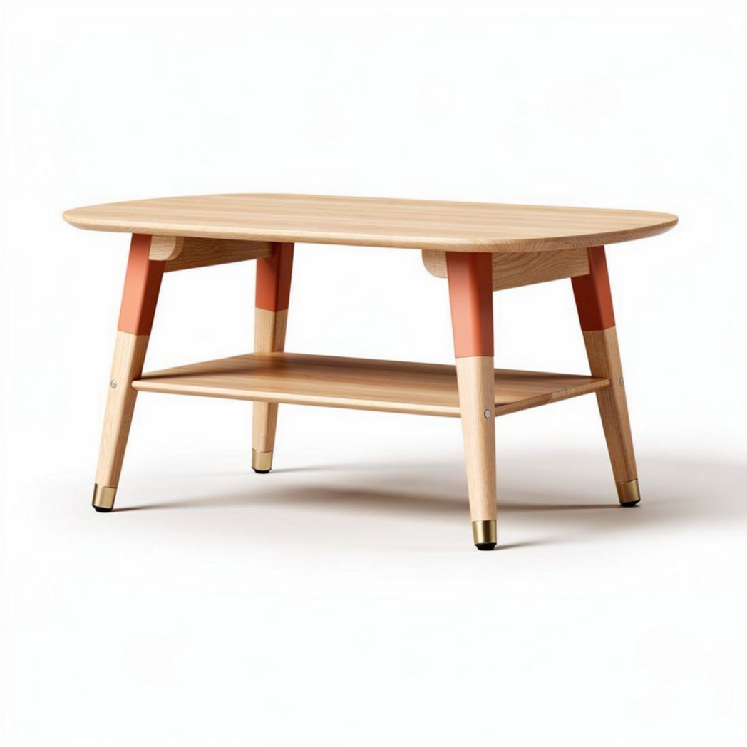 Wooden coffee table with lower shelf and metal accents in natural finish 90 x 60 x 40cm