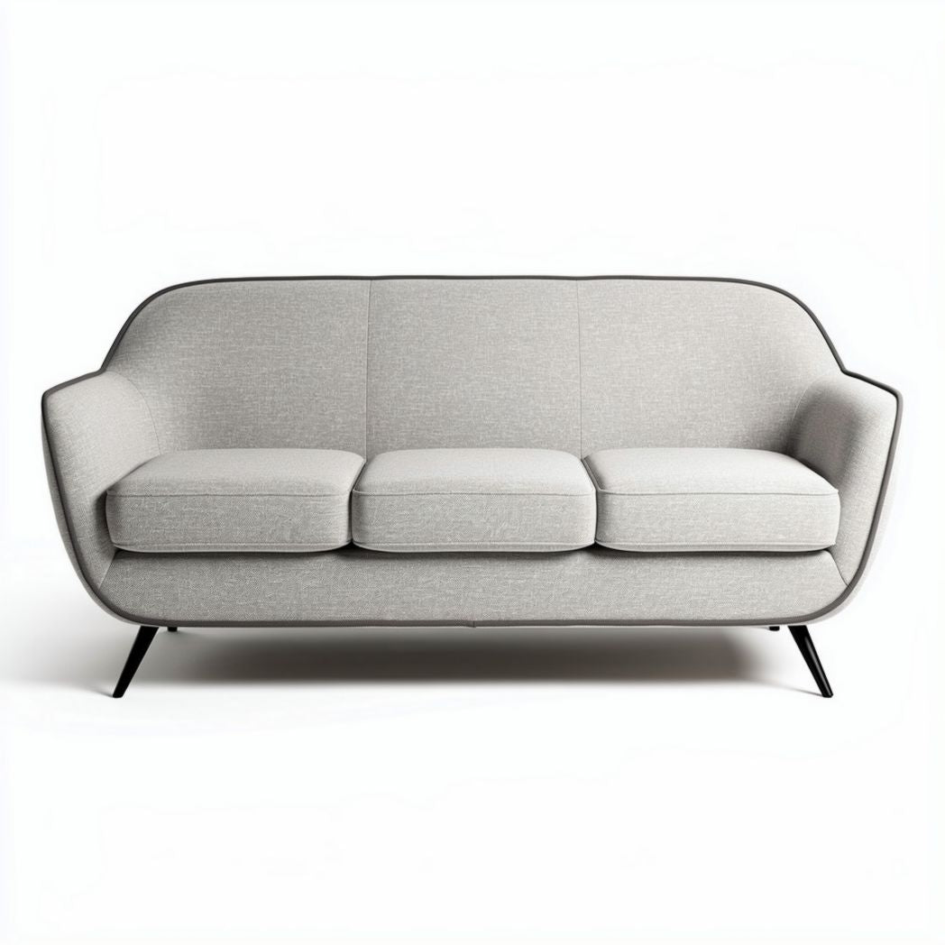 Grey fabric three-seat sofa with minimalist design and sturdy metal legs