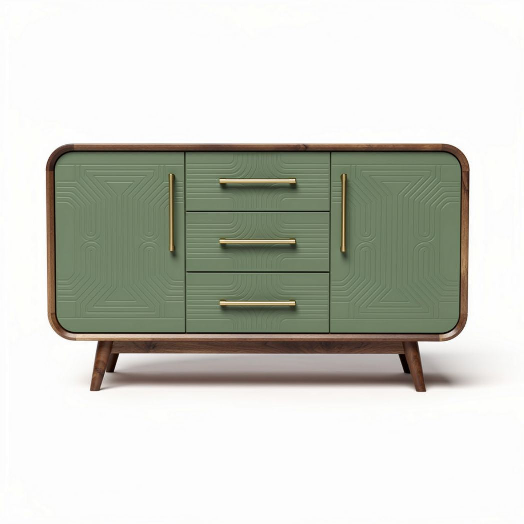 Mid-century modern sideboard with green cabinet and wood legs 120 x 40 x 75cm