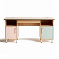 Wooden desk with storage cabinets in pink and green for home office 120 x 60 x 75cm