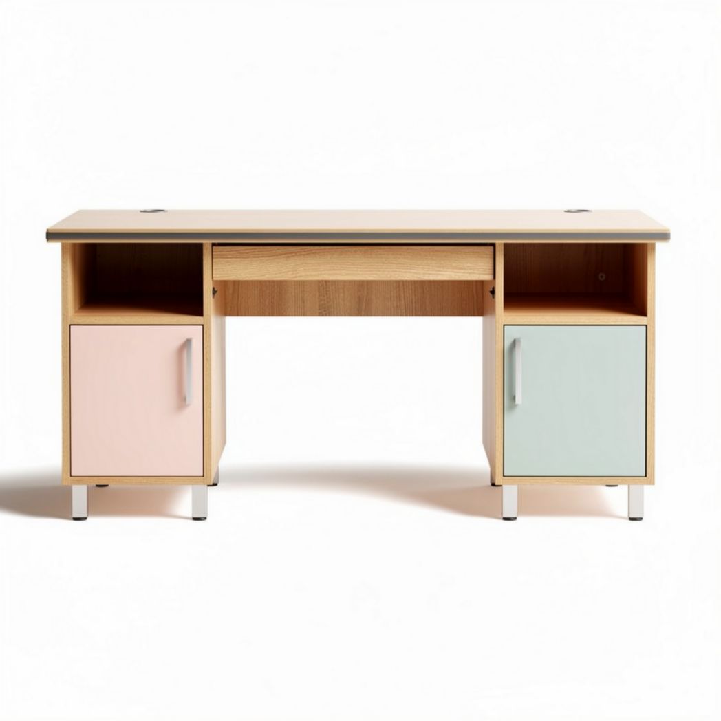 Wooden desk with storage cabinets in pink and green for home office 120 x 60 x 75cm