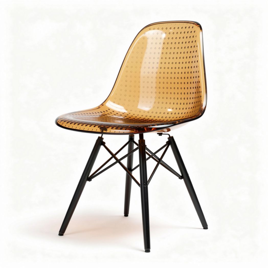 Transparent amber plastic dining chair with black metal legs 45 x 45 x 85cm