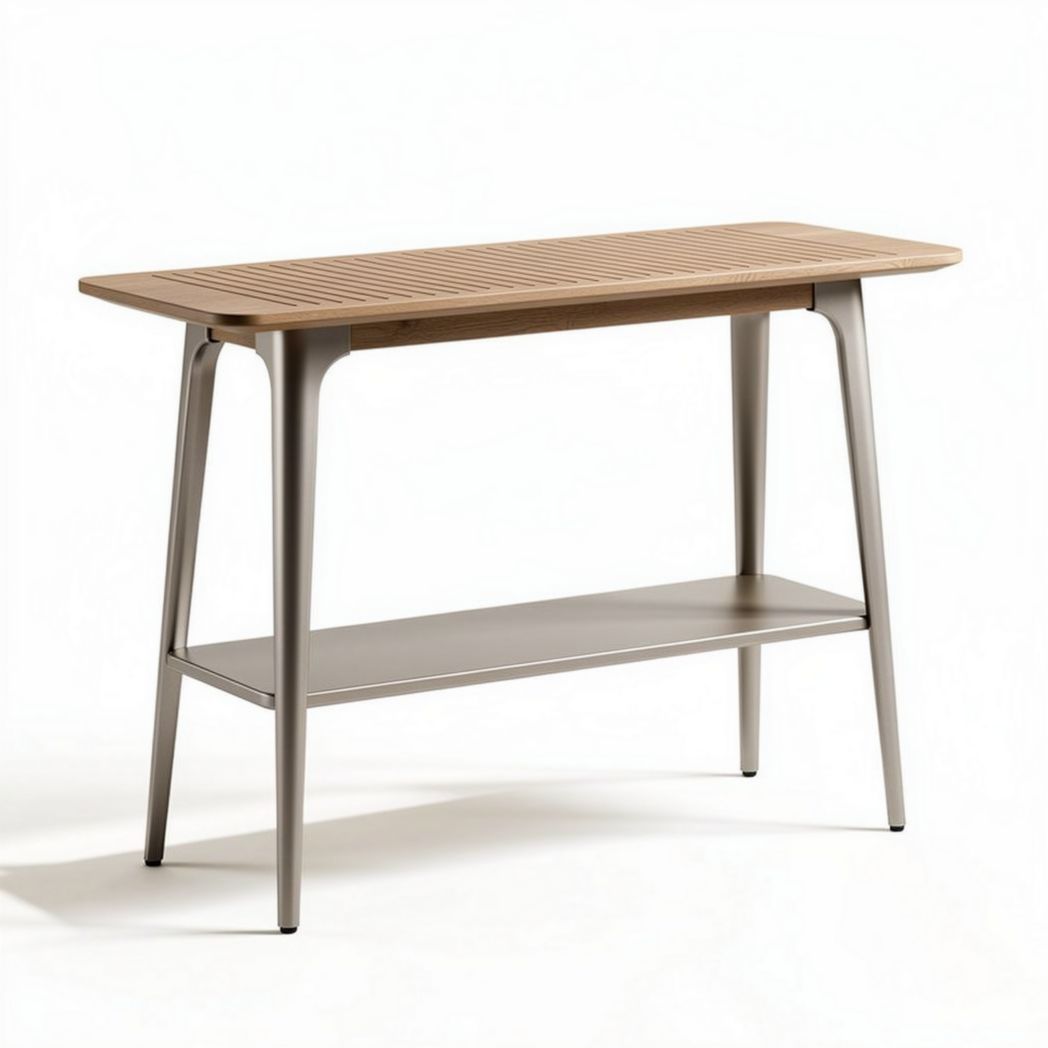 Indoor outdoor console table with wooden top and metal legs 120 x 40 x 75cm