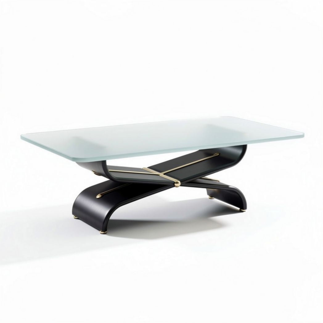 Glass coffee table with black and gold metal base 150 x 80 x 40cm