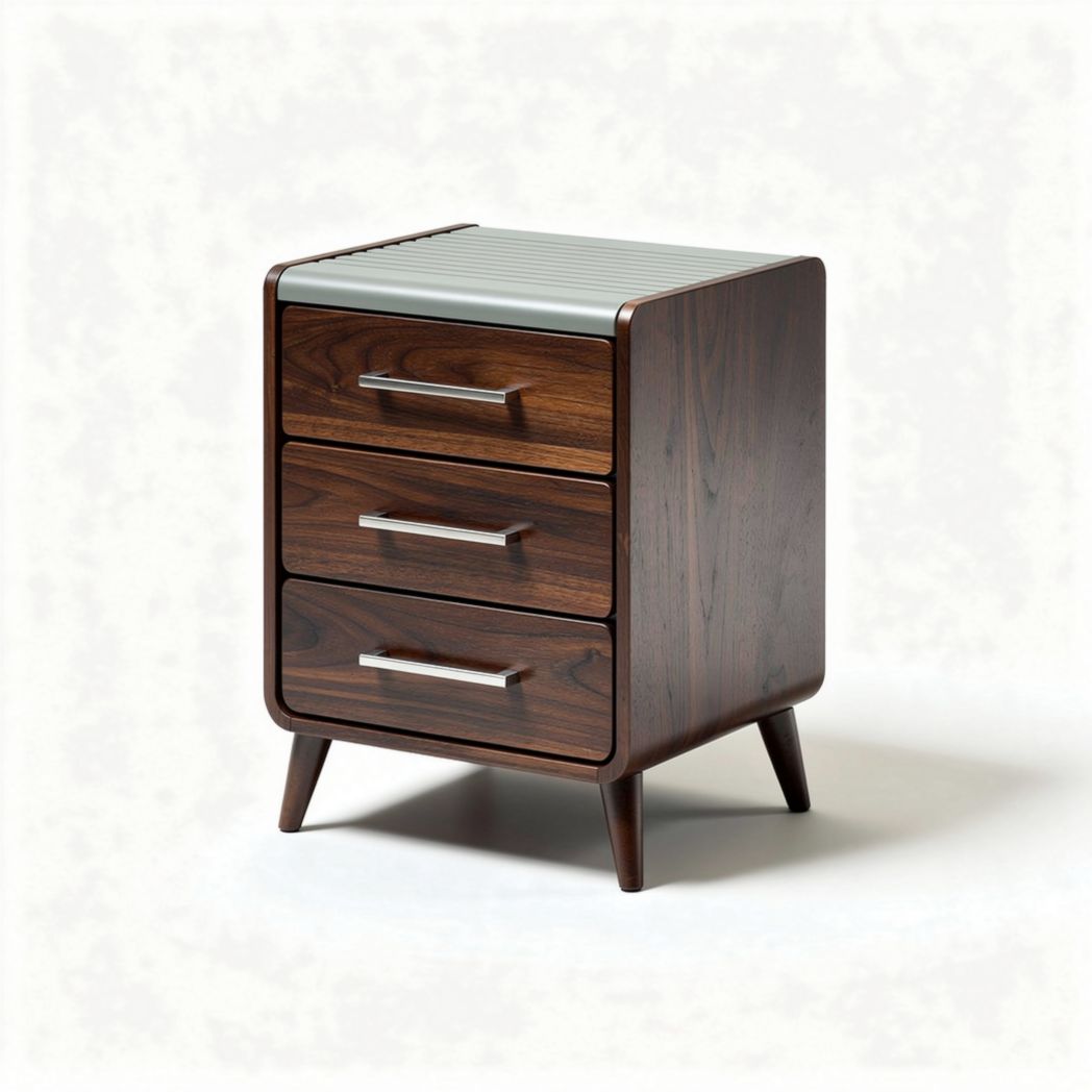 Wooden nightstand with three drawers and metal accents 45 x 40 x 60cm