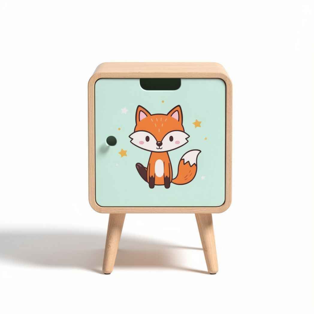 Wooden nightstand with fox design drawer 40 x 35 x 45cm for kids room